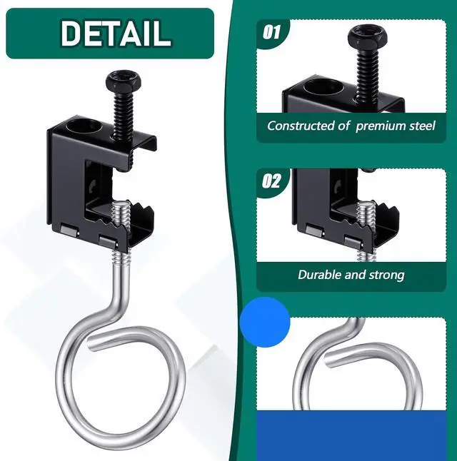 Alt view image 3 of 6 - 100 Set 1/4"-20 Spring Steel Beam Clamps Metal Beam Hangers Bolt on Clamp with Metal Machine Threaded Bridle Rings for Pipe Cable Woodworking Tool (Black,1 1/4 Inch Bridle Rings)
