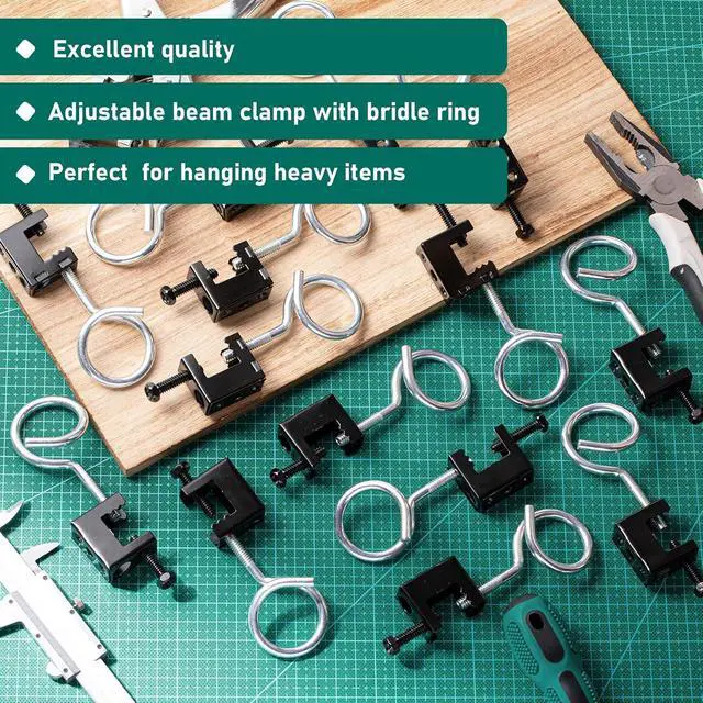 Alt view image 5 of 6 - 100 Set 1/4"-20 Spring Steel Beam Clamps Metal Beam Hangers Bolt on Clamp with Metal Machine Threaded Bridle Rings for Pipe Cable Woodworking Tool (Black,1 1/4 Inch Bridle Rings)