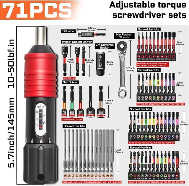Alt view image 2 of 7 - 71PCS Click Torque Screwdriver Set 1/4 Drive, 10-50 Inch Pound Torque Screw Driver Kit with Screwdriver Bit, Socket, Mini Torque Wrench for Maintenance, Tools, Bike Repairing and Mounting