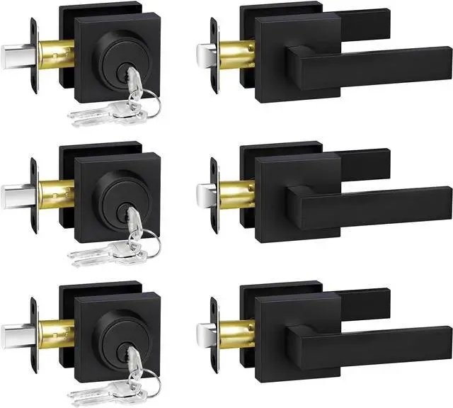 Main image of Exterior Door Lock Set, Door Locks for Front Door with Single Cylinder Deadbolt Lock, Matte Black Flat Square Passage Door Handle with Key for Front Door, 3 Pack (All Same Keyed Alike)