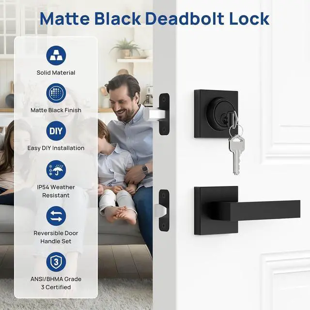 Alt view image 2 of 7 - Exterior Door Lock Set, Door Locks for Front Door with Single Cylinder Deadbolt Lock, Matte Black Flat Square Passage Door Handle with Key for Front Door, 3 Pack (All Same Keyed Alike)