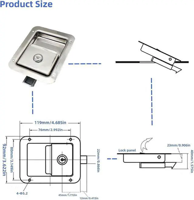 Alt view image 2 of 5 - 4 Pack Stainless Door Lock Heavy Duty Flush Mount Handle Latch for Trailer Toolbox RV Handle Latch with Gasket Keys