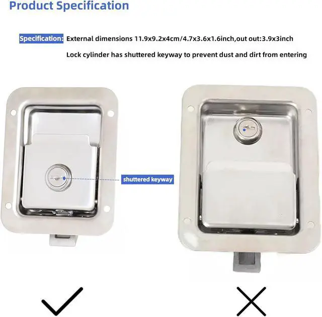 Alt view image 3 of 5 - 4 Pack Stainless Door Lock Heavy Duty Flush Mount Handle Latch for Trailer Toolbox RV Handle Latch with Gasket Keys