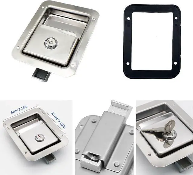Alt view image 5 of 5 - 4 Pack Stainless Door Lock Heavy Duty Flush Mount Handle Latch for Trailer Toolbox RV Handle Latch with Gasket Keys