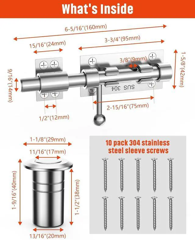 Alt view image 6 of 7 - Heavy Duty Slide Bolt Gate Latch Hardware, 6.3 Inch Solid 304 Stainless Steel Latches Electroplating Finish, Barrel Bolt Lock for Wooden Fence, Yard Door, Barn Door, Shed Door, Interior