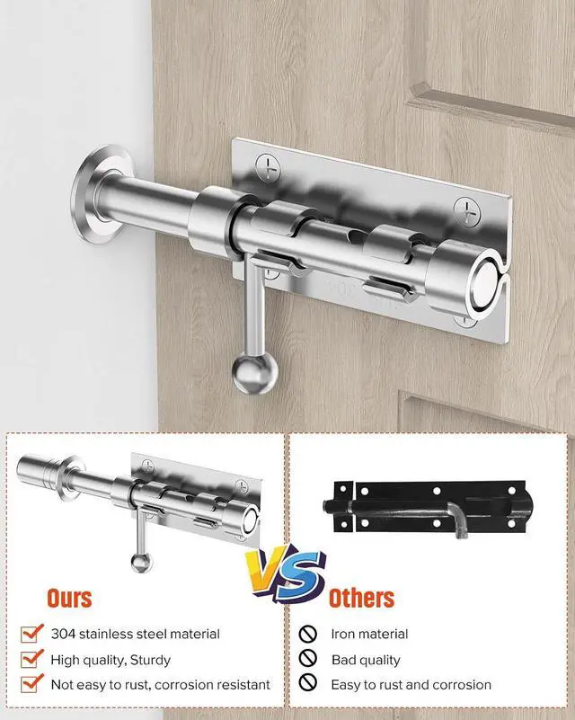 Alt view image 7 of 7 - Heavy Duty Slide Bolt Gate Latch Hardware, 6.3 Inch Solid 304 Stainless Steel Latches Electroplating Finish, Barrel Bolt Lock for Wooden Fence, Yard Door, Barn Door, Shed Door, Interior