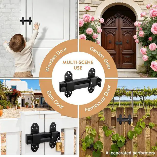 Alt view image 3 of 7 - Heavy Duty Slide Bolt Gate Latch,Gate Latch Lock with Padlock Hole,Gate Latch for Wooden Fences, Barn Doors, Sliding & Swing Gates, Outdoor Sheds & Courtyards, Matte Black(2Pack)
