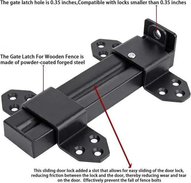 Alt view image 4 of 7 - Heavy Duty Slide Bolt Gate Latch,Gate Latch Lock with Padlock Hole,Gate Latch for Wooden Fences, Barn Doors, Sliding & Swing Gates, Outdoor Sheds & Courtyards, Matte Black(2Pack)