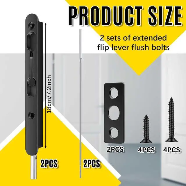 Alt view image 2 of 6 - 2 Pcs 18 Inch Extended Flip Lever Flush Bolt for Double Door, Extra Long Heavy Duty Zinc Alloy French Door Locks Hardware (Matte Black)