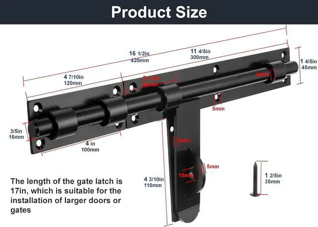 Alt view image 5 of 7 - Slide Bolt Gate Latch, 17in, Thickened for Large Wooden/Metal Gates, Face Mount, Weld/Screws on Gate Left/Right Side, Fence Gate Latch, Barn Door Lock, Rustic Gate Lock Hardware(Patent Pending)