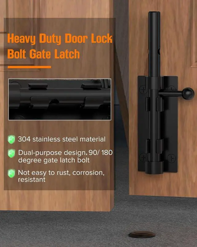 Alt view image 2 of 7 - Barrel Bolt Latch, 6" Shed Door Latch, Heavy Duty Slide Bolt Gate Latches, SUS304 Stainless Steel Slide Lock for Door, Wooden Fence, Courtyard, Backyard, Outdoor (Black - 2pcs)