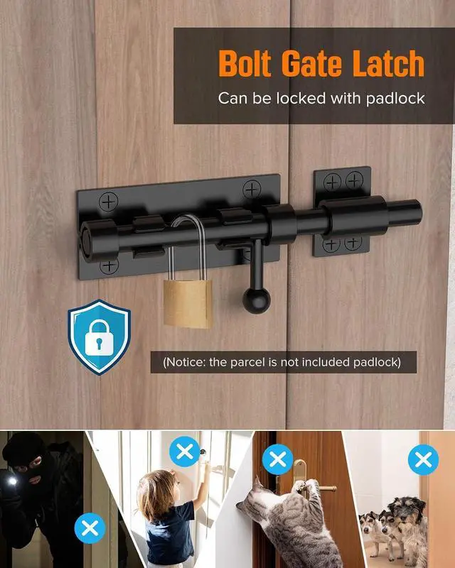 Alt view image 3 of 7 - Barrel Bolt Latch, 6" Shed Door Latch, Heavy Duty Slide Bolt Gate Latches, SUS304 Stainless Steel Slide Lock for Door, Wooden Fence, Courtyard, Backyard, Outdoor (Black - 2pcs)
