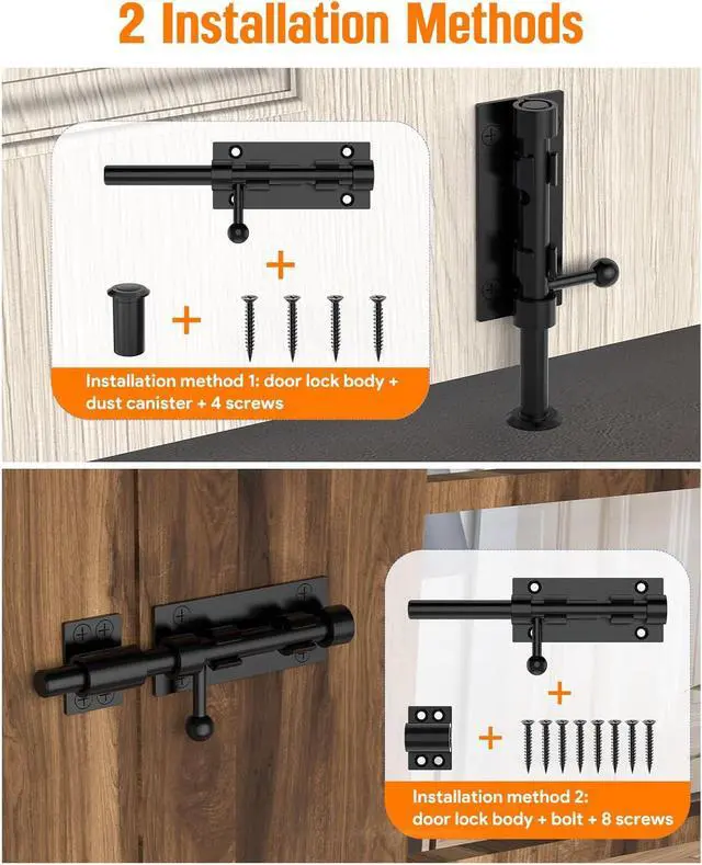 Alt view image 4 of 7 - Barrel Bolt Latch, 6" Shed Door Latch, Heavy Duty Slide Bolt Gate Latches, SUS304 Stainless Steel Slide Lock for Door, Wooden Fence, Courtyard, Backyard, Outdoor (Black - 2pcs)
