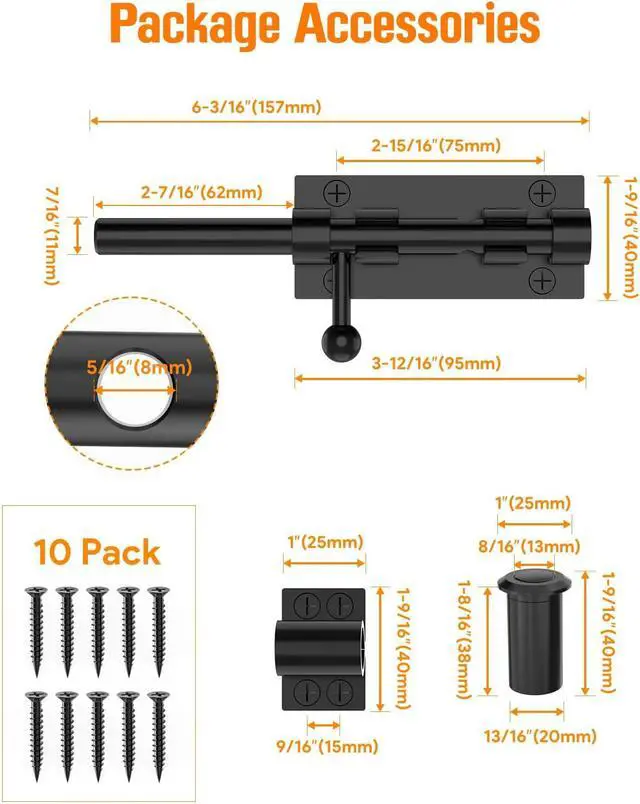Alt view image 6 of 7 - Barrel Bolt Latch, 6" Shed Door Latch, Heavy Duty Slide Bolt Gate Latches, SUS304 Stainless Steel Slide Lock for Door, Wooden Fence, Courtyard, Backyard, Outdoor (Black - 2pcs)