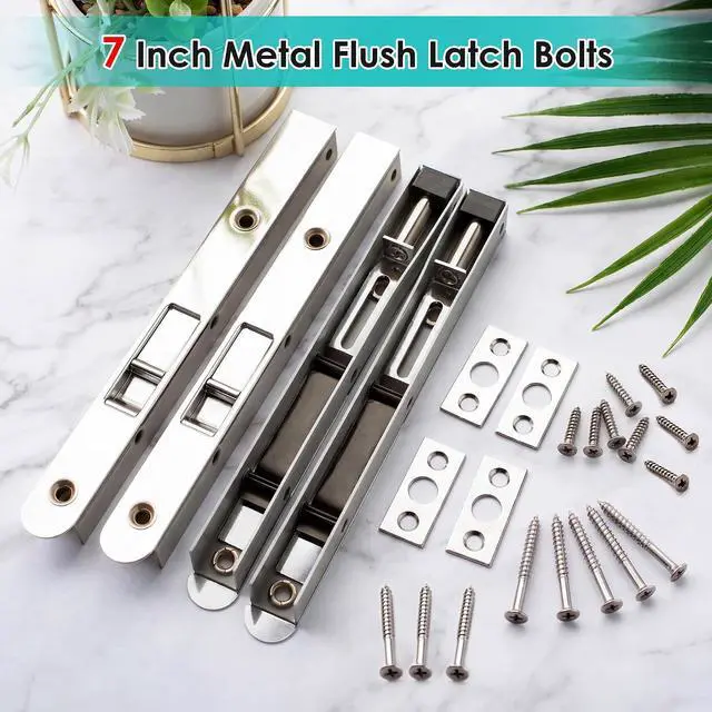 Alt view image 6 of 7 - 4 Pack 7 Inch Flush Bolt for Double Door, Heavy Duty Chrome Plating Flush Latch Bolts, French Lock for Opening and Composite Wood Double Dummy Door (Brushed Satin Nickel Color)