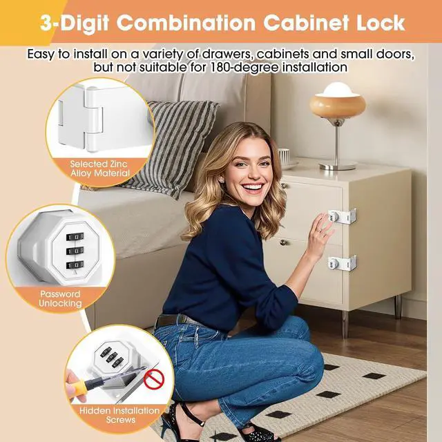 Alt view image 2 of 7 - 90 Degree Cabinet Locks with Combination, Mechanical Folding Door Latch, Keyless Password Rotary Hasp Latch Lock for Office File Cabinet, Drawers, Locker, Small Door, Cupboard (2, White)