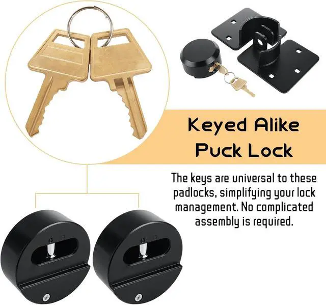 Alt view image 5 of 7 - 2 Packs Heavy Duty Puck Lock Keyed Alike, 73mm High Security Hidden Shackle Padlock with Hasp, Solid Steel Puck Lock Latches for Container, Garage Shed Trailer Truck, Black