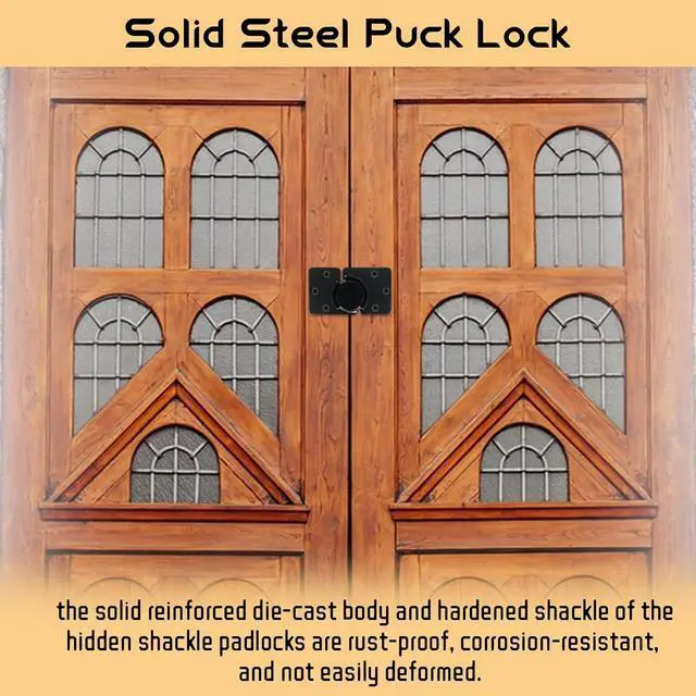 Alt view image 6 of 7 - 2 Packs Heavy Duty Puck Lock Keyed Alike, 73mm High Security Hidden Shackle Padlock with Hasp, Solid Steel Puck Lock Latches for Container, Garage Shed Trailer Truck, Black