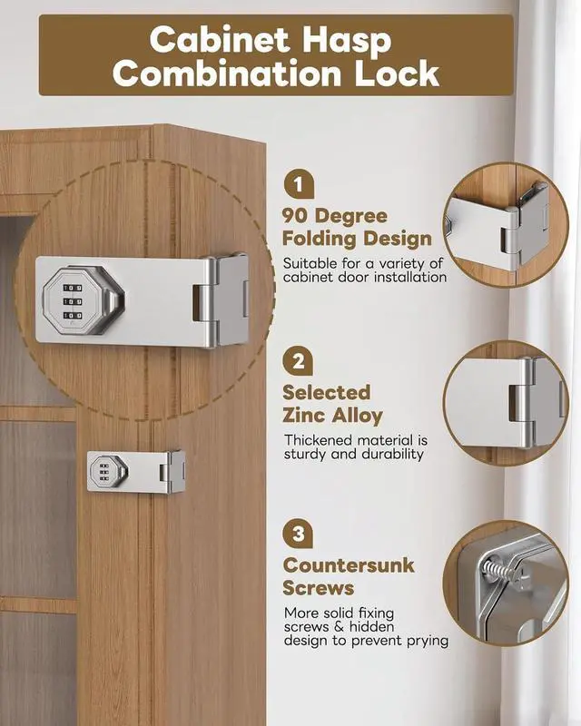 Alt view image 2 of 7 - Cabinet Lock with Combination, 90 Degree Bifold File Cabinet Door Lock, Mechanical Keyless Password Rotary Hasp Latches for Office File Desk Drawer, Cupboard, Locker (2, Silver)