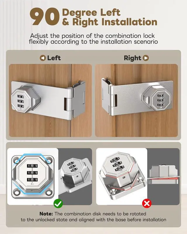 Alt view image 3 of 7 - Cabinet Lock with Combination, 90 Degree Bifold File Cabinet Door Lock, Mechanical Keyless Password Rotary Hasp Latches for Office File Desk Drawer, Cupboard, Locker (2, Silver)