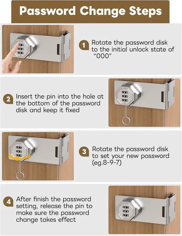 Alt view image 4 of 7 - Cabinet Lock with Combination, 90 Degree Bifold File Cabinet Door Lock, Mechanical Keyless Password Rotary Hasp Latches for Office File Desk Drawer, Cupboard, Locker (2, Silver)