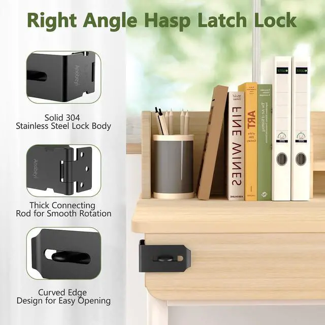 Alt view image 2 of 7 - Door Hasp Latch, 90 Degree Padlock Hasp Lock, 304 Stainless Steel Security File Cabinet Lock for Padlock, Right Angle Hasp Latch Lock for Shed, Box, Cupboard, Mailbox, Drawer (Black-4pcs)