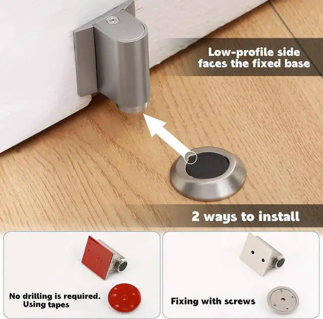 Alt view image 4 of 7 - 4 Pack Upgraded Magnetic Door Stopper for Bottom Wall Floor No Drill Invisible Door Wedge Stopper Heavy Duty Magnetic Catch Holder Zinc Alloy Door-wall Floor Protector, Brushed Nickel