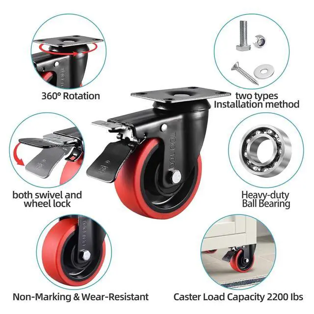 Alt view image 3 of 6 - Heavy Duty 4 Inch Caster Wheels Set of 4 2200Lbs Capacity Silent Swivel with brake & Rigid TPR Rubber Wheels Locking Industrial Plate Casters for Cart Furniture Workbench 2 Fixed & 2 Swivel with Brake
