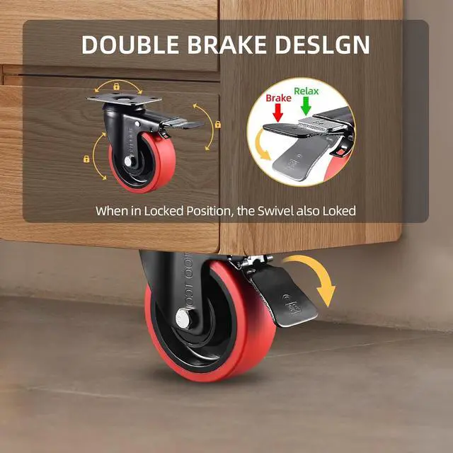 Alt view image 4 of 6 - Heavy Duty 4 Inch Caster Wheels Set of 4 2200Lbs Capacity Silent Swivel with brake & Rigid TPR Rubber Wheels Locking Industrial Plate Casters for Cart Furniture Workbench 2 Fixed & 2 Swivel with Brake