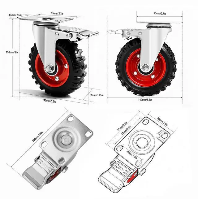 Alt view image 6 of 7 - 5 Inch Caster Wheels Heavy Duty, Casters Set of 4 Safety Dual Locking Rubber Wheels, Heavy Duty - 2400 Lbs Capacity for Workbench, Cart Wheels, Furniture, Swivel Plate Castors with mounting Hardware