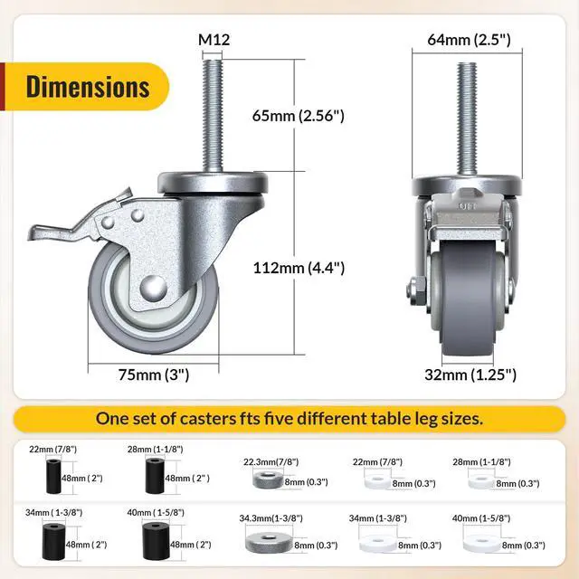 Alt view image 2 of 7 - Caster Wheels Locking 3 Inch Expanding Stem Casters, Threaded Swivel Casters Set of 4 Heavy Duty Castors, Fit 1", 1-1/4", 1-2/5", 1-1/2",1-5/8" ID Stainless Steel Table, Cart, Furniture Legs
