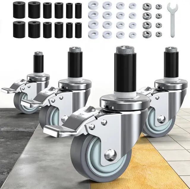 Main image of Caster Wheels Locking 3 Inch Expanding Stem Casters, Threaded Swivel Casters Set of 4 Heavy Duty Castors, Fit 1", 1-1/4", 1-2/5", 1-1/2",1-5/8" ID Stainless Steel Table, Cart, Furniture Legs