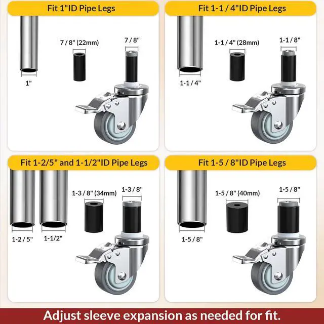 Alt view image 3 of 7 - Caster Wheels Locking 3 Inch Expanding Stem Casters, Threaded Swivel Casters Set of 4 Heavy Duty Castors, Fit 1", 1-1/4", 1-2/5", 1-1/2",1-5/8" ID Stainless Steel Table, Cart, Furniture Legs