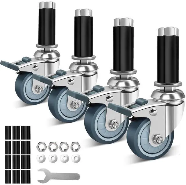 Main image of 3 Inch Expanding Stem Caster Wheels Set of 4, Casters for Wire Shelving with Locking Brake, Fit 7/8", 1", 1-1/8" Tube Leg for Prep Table, Cart, Stainless Steel Furniture Legs