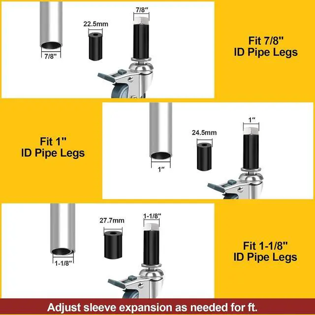 Alt view image 3 of 7 - 3 Inch Expanding Stem Caster Wheels Set of 4, Casters for Wire Shelving with Locking Brake, Fit 7/8", 1", 1-1/8" Tube Leg for Prep Table, Cart, Stainless Steel Furniture Legs