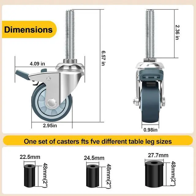 Alt view image 2 of 7 - 3 Inch Expanding Stem Caster Wheels Set of 4, Casters for Wire Shelving with Locking Brake, Fit 7/8", 1", 1-1/8" Tube Leg for Prep Table, Cart, Stainless Steel Furniture Legs