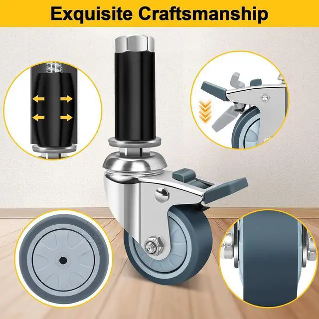 Alt view image 4 of 7 - 3 Inch Expanding Stem Caster Wheels Set of 4, Casters for Wire Shelving with Locking Brake, Fit 7/8", 1", 1-1/8" Tube Leg for Prep Table, Cart, Stainless Steel Furniture Legs
