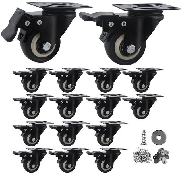 Main image of 2 Inch Caster Wheels Set of 16 Heavy Duty Casters,with Brake,No Noise Locking Polyurethane (PU) Wheels, for Furniture and Workbench Load 800lbs