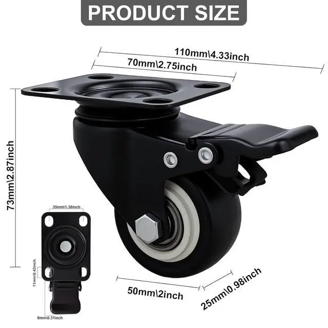 Alt view image 2 of 6 - 2 Inch Caster Wheels Set of 16 Heavy Duty Casters,with Brake,No Noise Locking Polyurethane (PU) Wheels, for Furniture and Workbench Load 800lbs