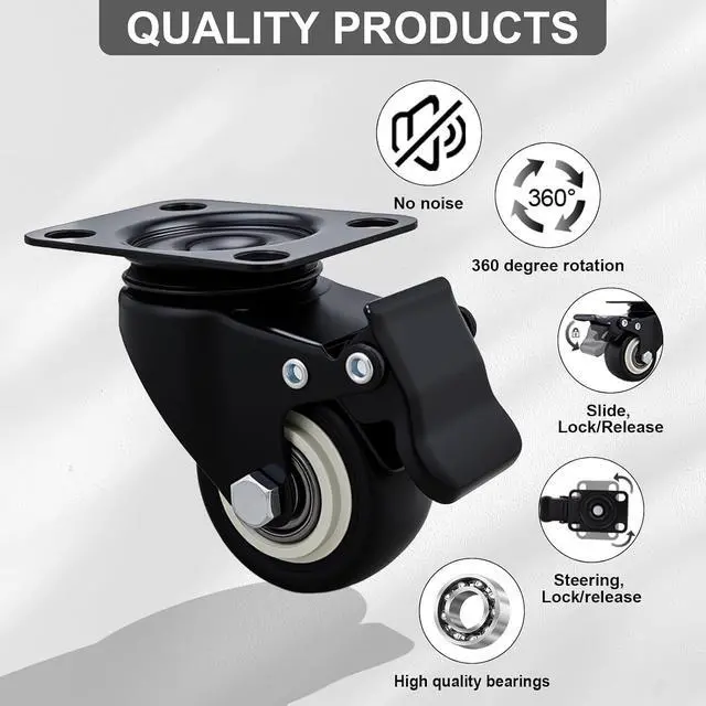 Alt view image 3 of 6 - 2 Inch Caster Wheels Set of 16 Heavy Duty Casters,with Brake,No Noise Locking Polyurethane (PU) Wheels, for Furniture and Workbench Load 800lbs
