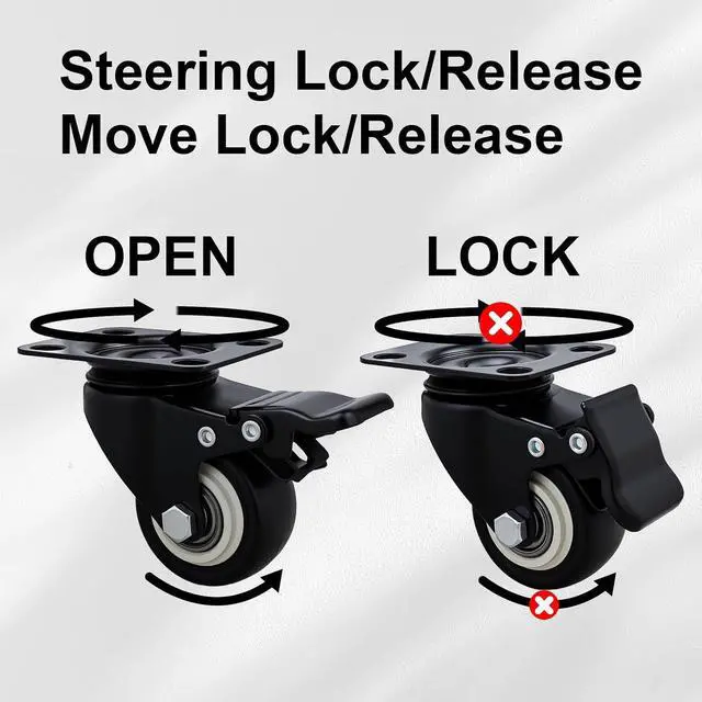 Alt view image 4 of 6 - 2 Inch Caster Wheels Set of 16 Heavy Duty Casters,with Brake,No Noise Locking Polyurethane (PU) Wheels, for Furniture and Workbench Load 800lbs