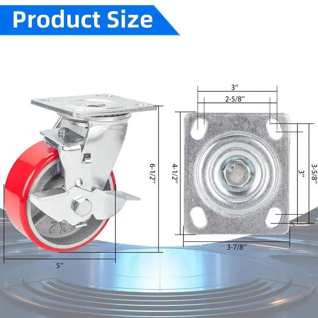 Alt view image 3 of 7 - 5 Inch Industrial Casters Set of 4, Heavy Duty Casters with Brake 4000 Lbs, No Noise Polyurethane Wheel on Steel Hub, Swivel Plate Caster Wheels for Toolbox Workbench (4 Swivel & Brakes)