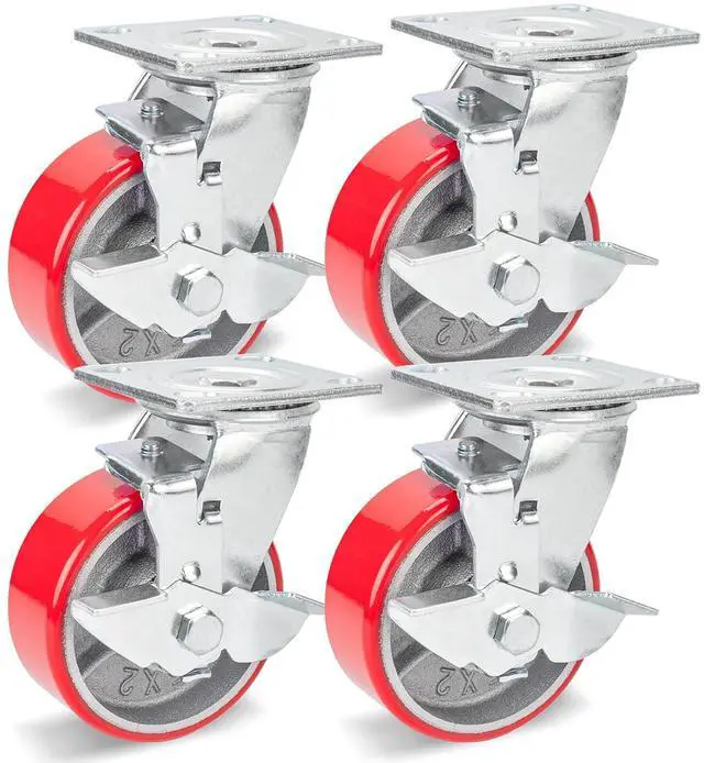 Main image of 5 Inch Industrial Casters Set of 4, Heavy Duty Casters with Brake 4000 Lbs, No Noise Polyurethane Wheel on Steel Hub, Swivel Plate Caster Wheels for Toolbox Workbench (4 Swivel & Brakes)