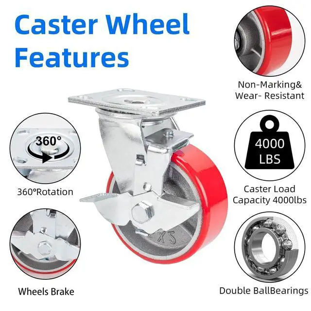 Alt view image 4 of 7 - 5 Inch Industrial Casters Set of 4, Heavy Duty Casters with Brake 4000 Lbs, No Noise Polyurethane Wheel on Steel Hub, Swivel Plate Caster Wheels for Toolbox Workbench (4 Swivel & Brakes)