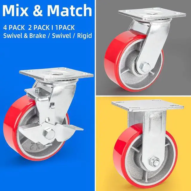 Alt view image 7 of 7 - 5 Inch Industrial Casters Set of 4, Heavy Duty Casters with Brake 4000 Lbs, No Noise Polyurethane Wheel on Steel Hub, Swivel Plate Caster Wheels for Toolbox Workbench (4 Swivel & Brakes)