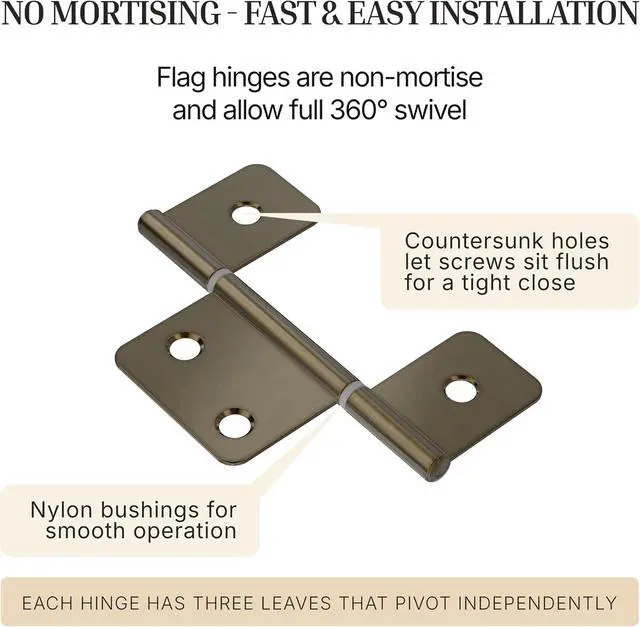 Alt view image 2 of 6 - 3-1/2" Antique Brass 3-Leaf Flag Hinges - Pack of 16 - Non-Mortise Hinges for Bi-Fold, Shutter and Cabinet Doors in Mobile Homes, Campers, Trailers - Furniture Hardware - NH8-SAB (8)