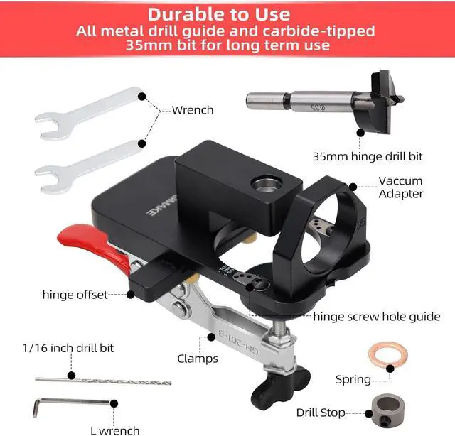 Alt view image 7 of 7 - Compact Metal Concealed Hinge Jig with Quick Clamp,35mm Cabinet Hinge Jig with Dust Adapter for Cabinet Hinge Mounting,Woodworking Cabinet Door Hinge Jig Drill Guide Cabinet Hardware Jig