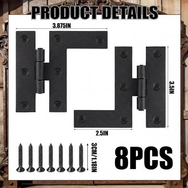 Alt view image 2 of 7 - 8 Pack Black Wrought Iron Hl Cabinet Hinge Black Powder Coated Heavy Duty Retro Kitchen Cabinet Hinges with Hardware