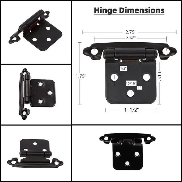 Alt view image 3 of 7 - Cabinet Hinges for Kitchen Cabinets -1/2" Overlay (Variable) -Self Closing Kitchen Cabinet Hinges Face Frame Flush Mount w/Bumpers & Upgraded Screws