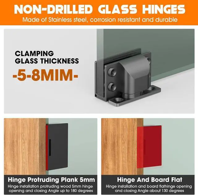 Alt view image 6 of 7 - Glass Door Hinges,Glass Hinges,Glass Cabinet Hinges,304 Stainless Steel,Silent Closing for Thickness 5-8mm Doors (Black,4 Pack)